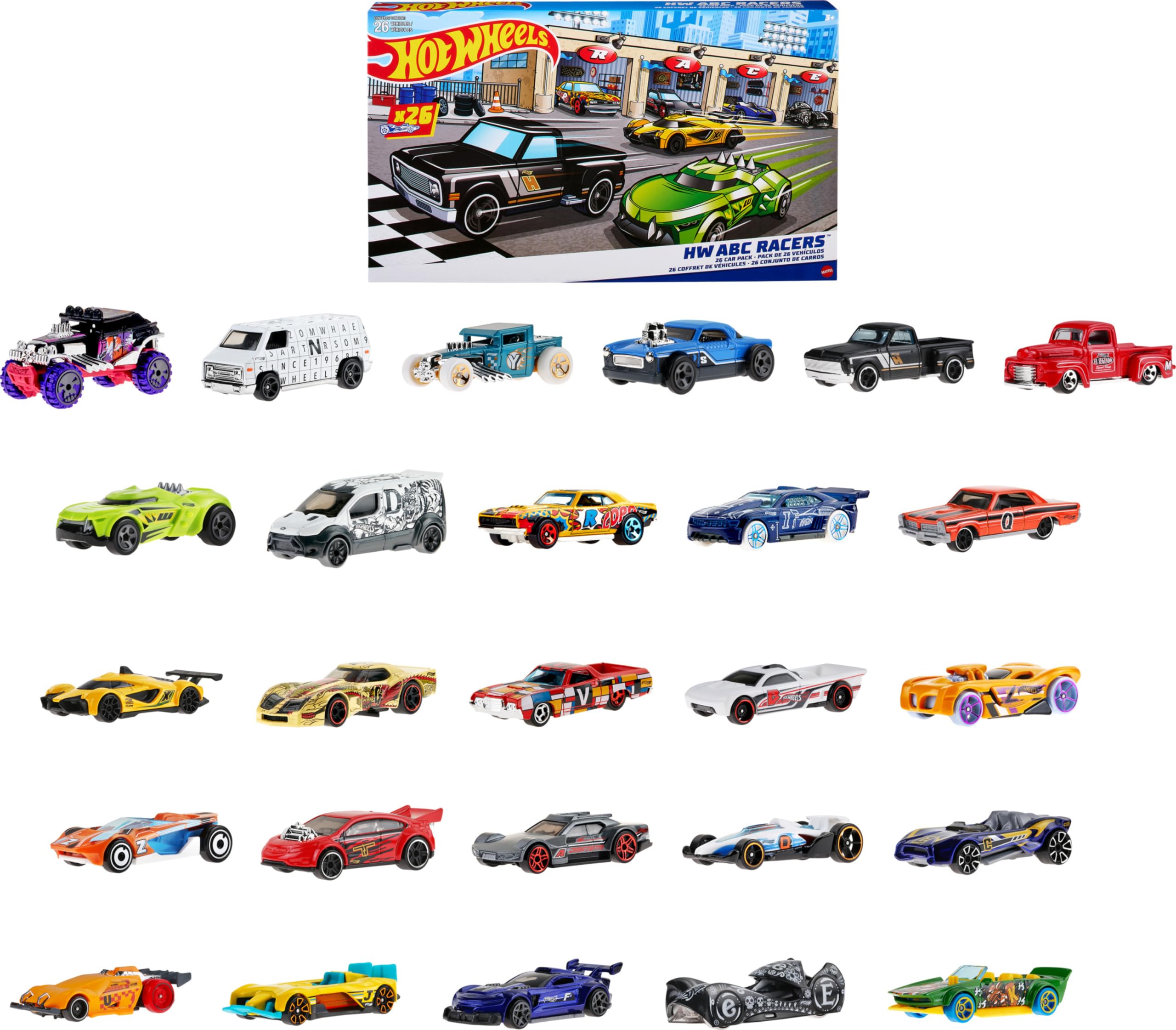 Hot Wheels ABC Racers, Set of 26 1:64 Scale Toy Cars & Trucks with
