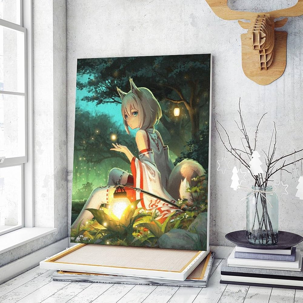 Amazon | 数字油絵 アニメ 可愛 妖狐 鳥居 森 デジタル油絵 キャンバス