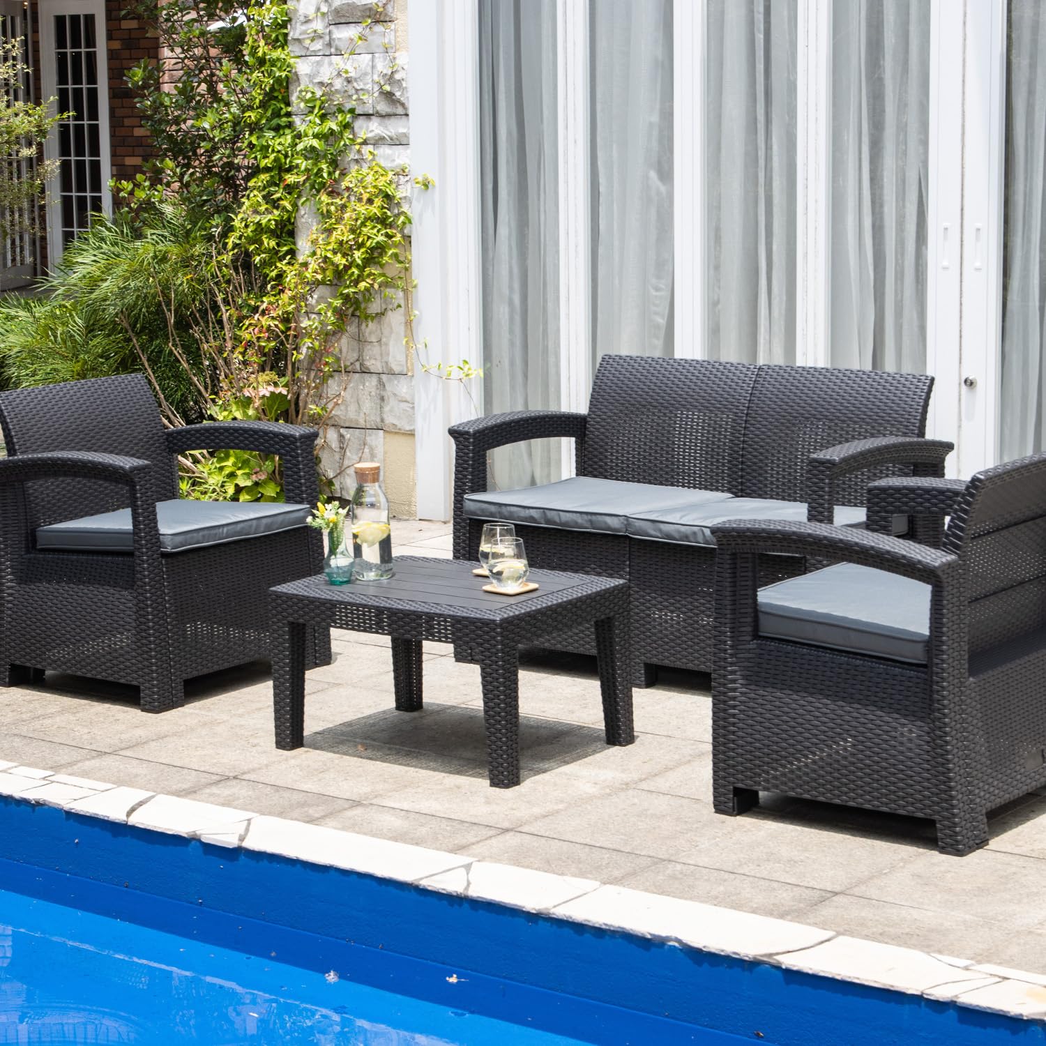 Amazon.co.jp: ガーデンソファ ラタン調 ガーデン テーブル セット 4点