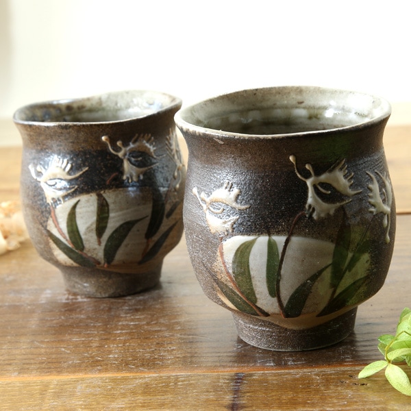 益子焼｜【益子焼】さぎ草模様の夫婦湯呑み【夫婦ペアセット