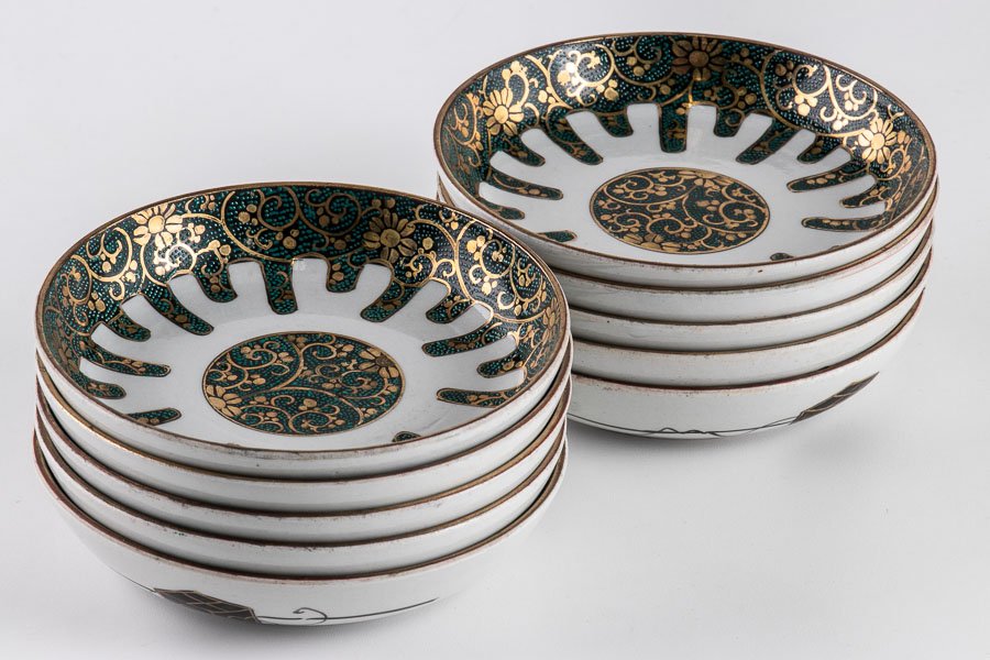 九谷庄三 彩色金蘭手 4枚と菓子鉢1個 アンティーク 九谷庄三 彩色金蘭