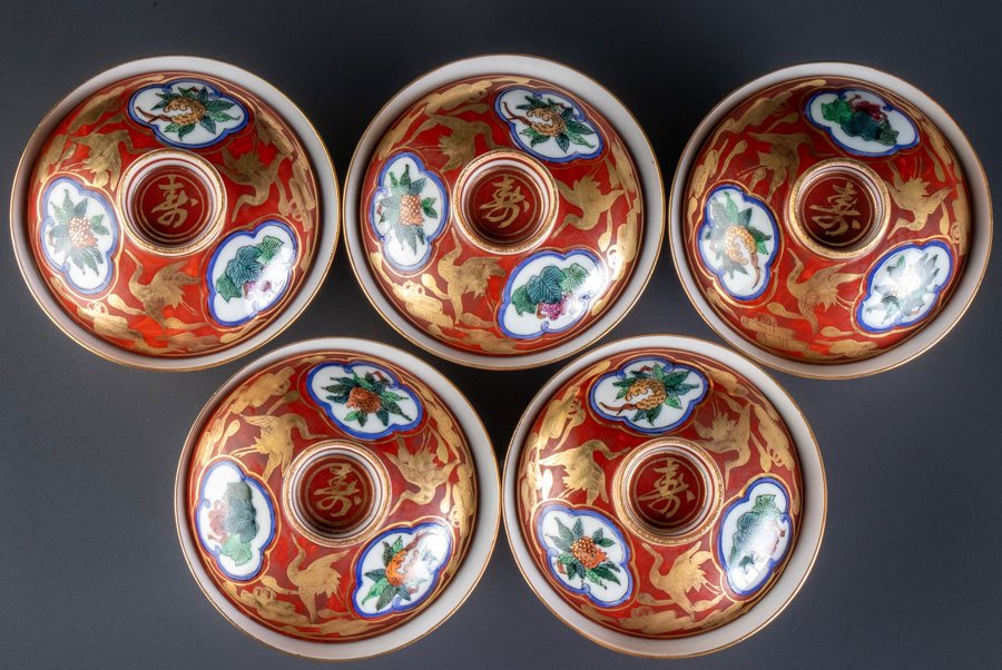 珍品 明治期 赤絵九谷 賢人囲碁遊戯図盃 三客揃 本物保証 珍品 明治期