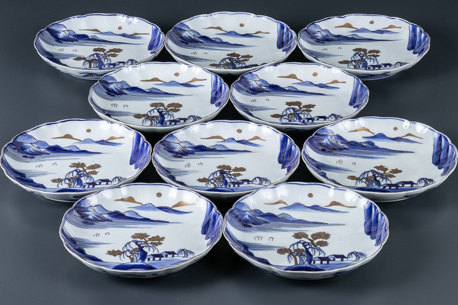 古伊万里】 染付金彩楼閣山水文輪花七寸皿 10客セット 箱付 11802