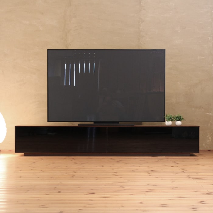 TVボード 幅210cm ウォールナット材 黒ガラス 4Kテレビ対応 ワイド