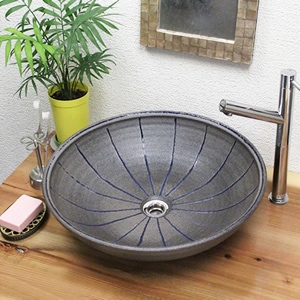 イブシ青ライン手洗い鉢【大型サイズ】信楽焼き手洗器！陶器の洗面