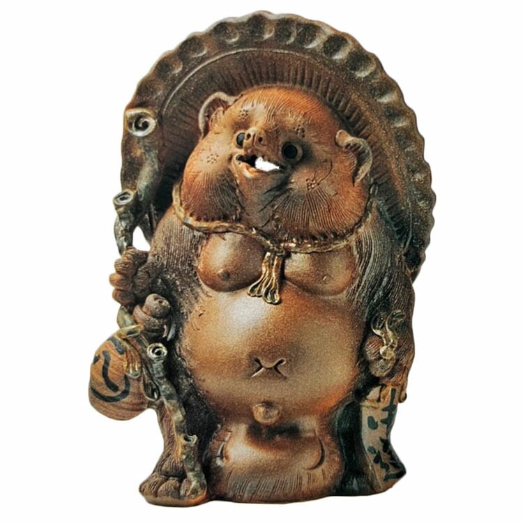 信楽焼 釉薬陶器製 ひねり狸置物（タヌキ）オブジェ（オーナメント