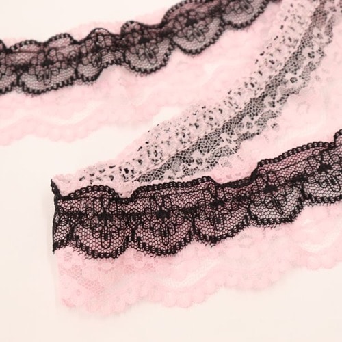 ラッセル二重フリルレース 40mm幅 DF-002A 黒×ピンク（50cm単位