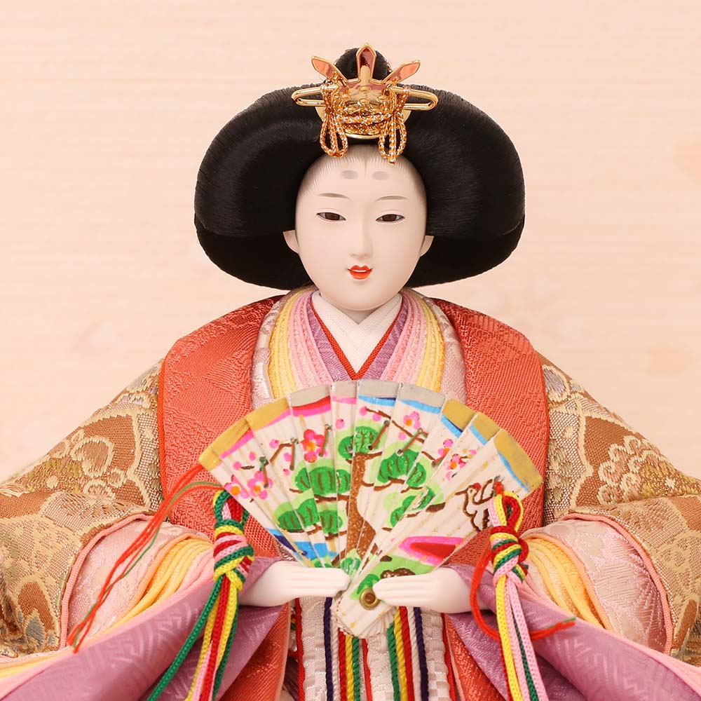 雛人形 新古今雛 正絹帯 小三五親王飾り 二曲一双モスグリーン屏風