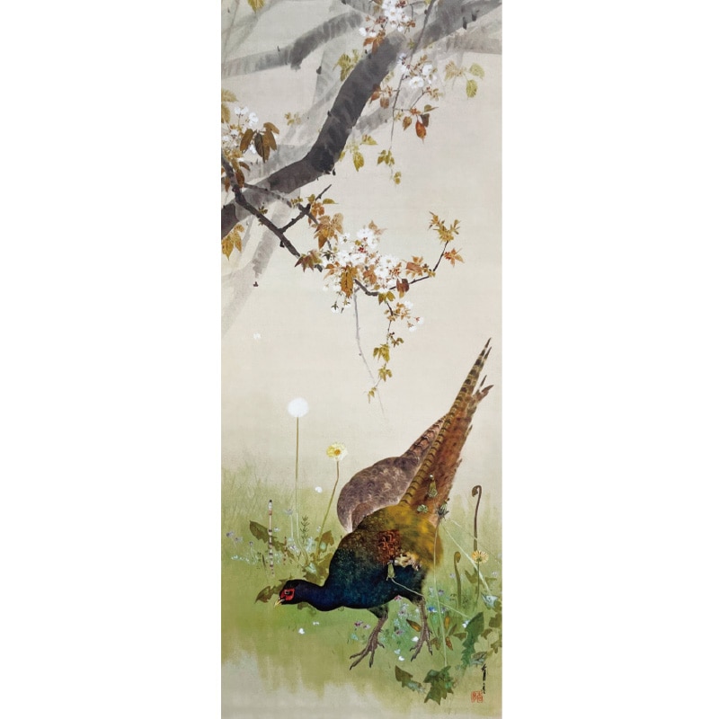 掛軸 『柿』辻青花作 果物と鳥の絵 大型 掛軸 『柿』辻青花作 果物と鳥