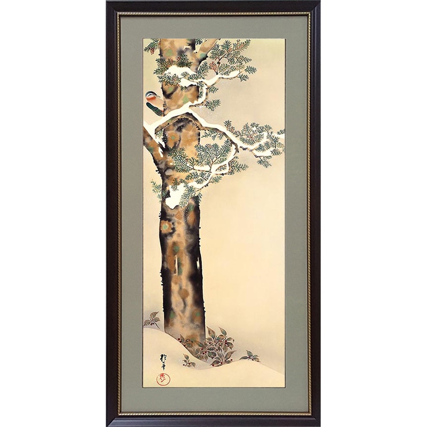 酒井抱一 「十二か月花鳥図」 十二月 檜に啄木図 額装 : 酒井抱一 十二