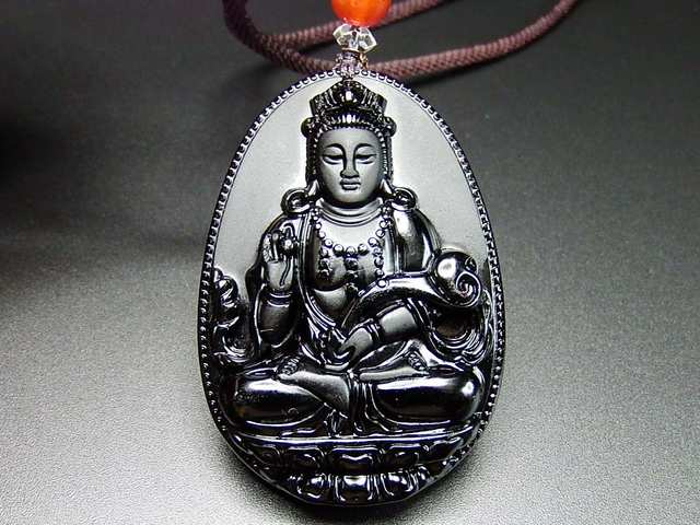 観音菩薩精工彫り厄除け天然石超大4Aオブシディアンネックレス