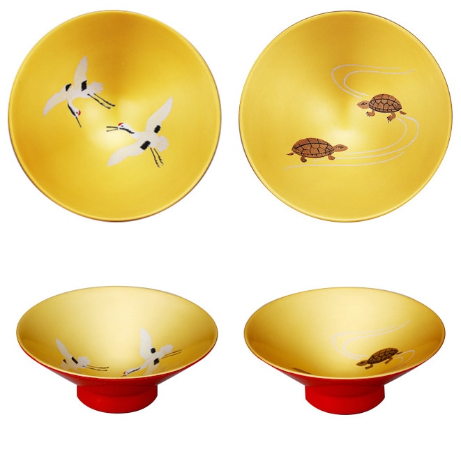 会津漆器 朱内金地 2.7 扇型 二ツ組盃 鶴亀（漆） | 酒器 | 伝統工芸品