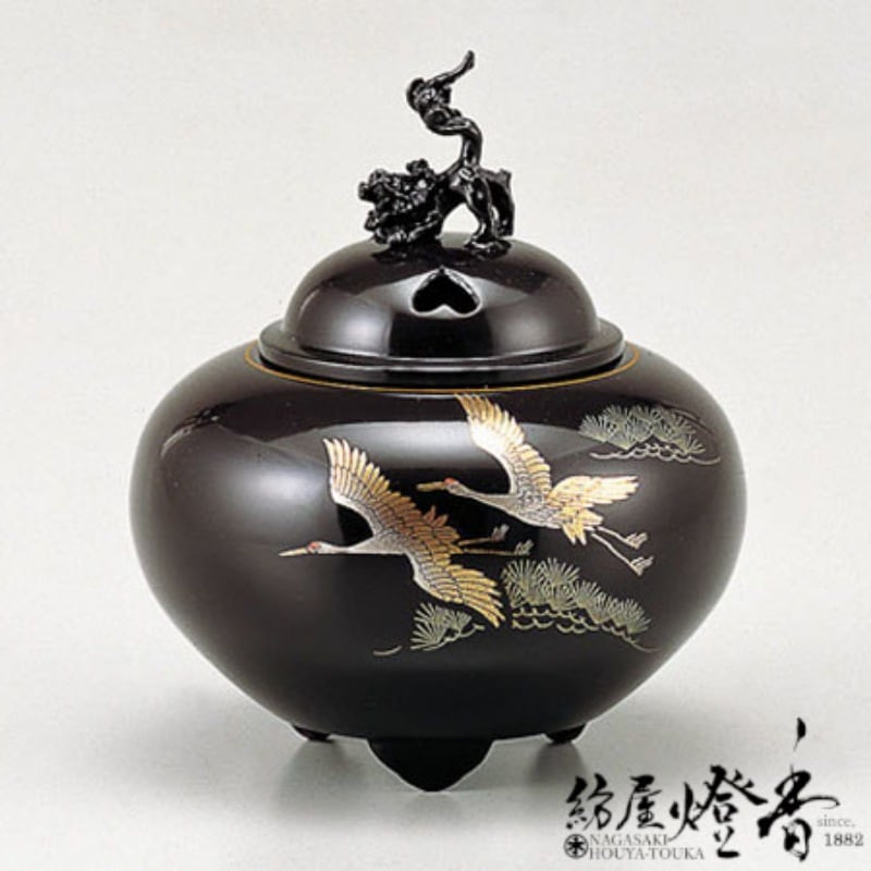 香炉/香器『高岡銅器【平丸獅子蓋香炉/双鶴/小/蒔絵】銅製・能作吉秀作