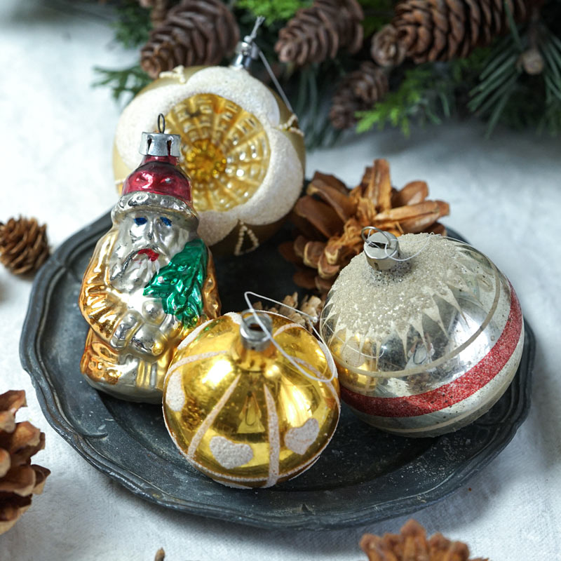 アンティーク薄ガラスのサンタとリフレクターとボール2個セット gx-580