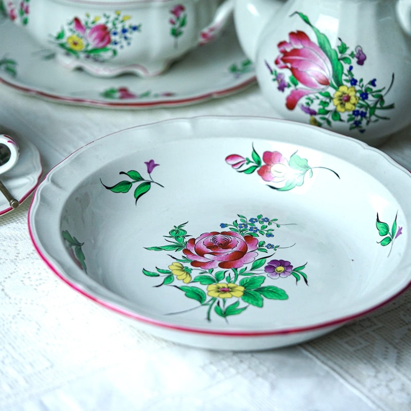 フランスのリュネビルK&Gの手描ボタニカル大きな深皿W30×H6cm 1900年代