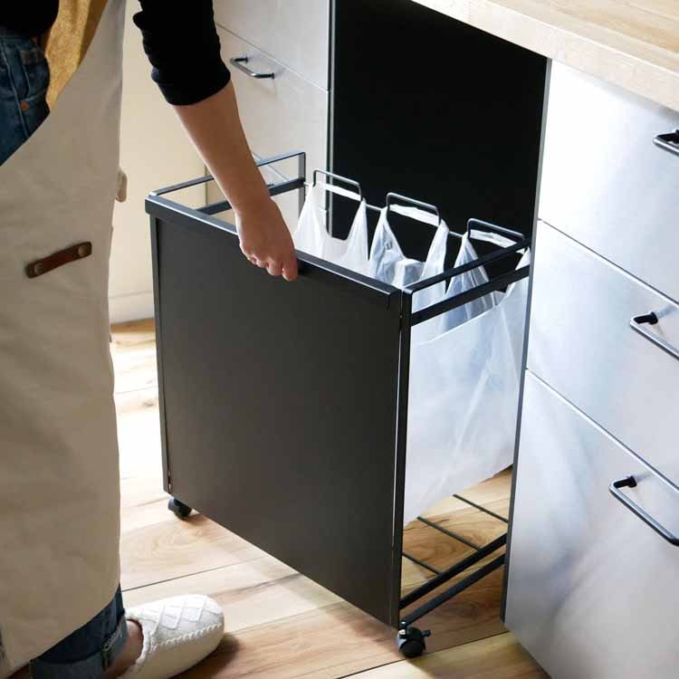 目隠し分別ダストワゴン タワー 3分別／ブラック｜キッチン用品