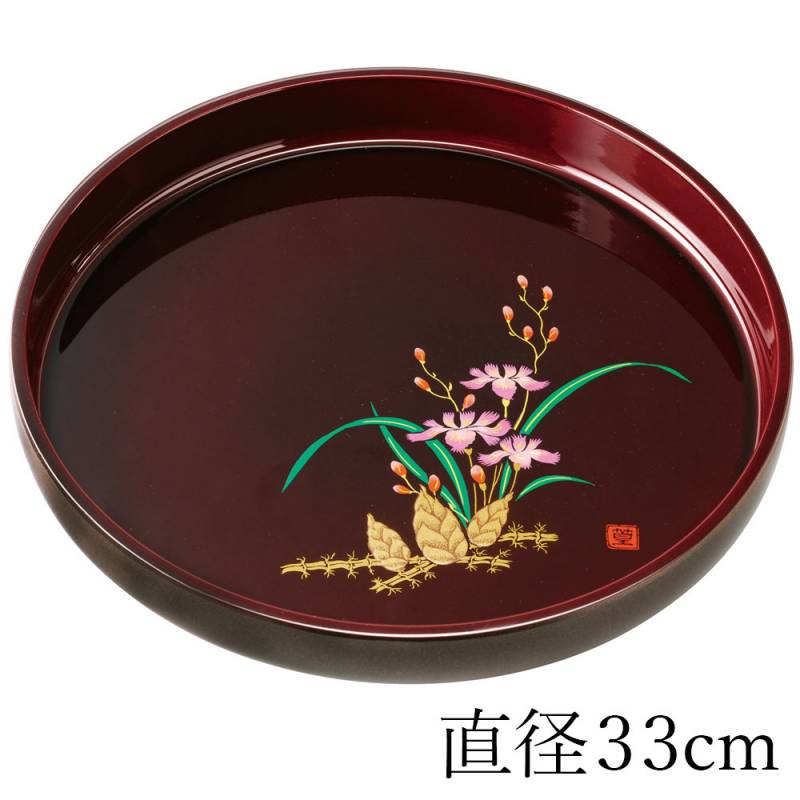 紀州塗り お盆 トレー 11寸 33cm 丸盆 溜 山路 金蒔絵 盛絵 和風 和室