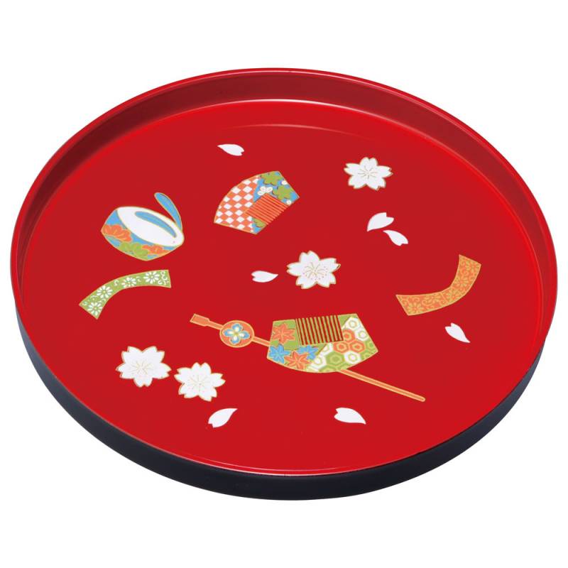 赤い漆器 盆 花と葉模様 赤い漆器盆 花と葉の模様