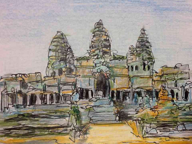 水彩画風外国スケッチ・カンボジア・アンコールワット: 円空仏などの