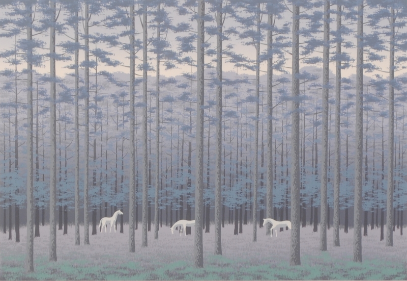 馬の絵をシルクスクリーンの版画で制作した国武久巳の馬の絵「深い森