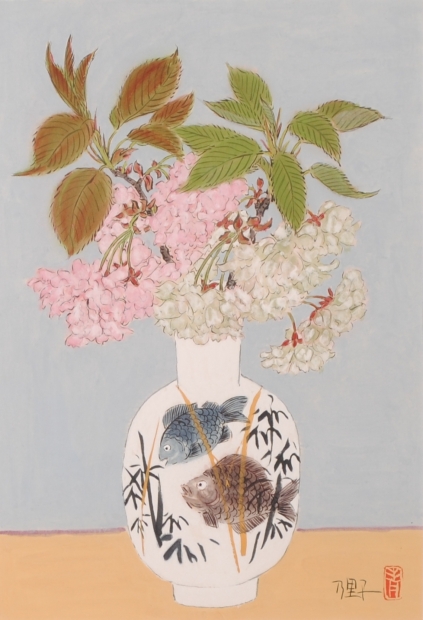 桜の絵画を墨彩画で描いた青木乃里子の和の桜の絵「八重桜」をご購入