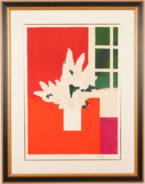 ベルナール・カトランがリトグラフの版画で制作した花の絵画「赤い