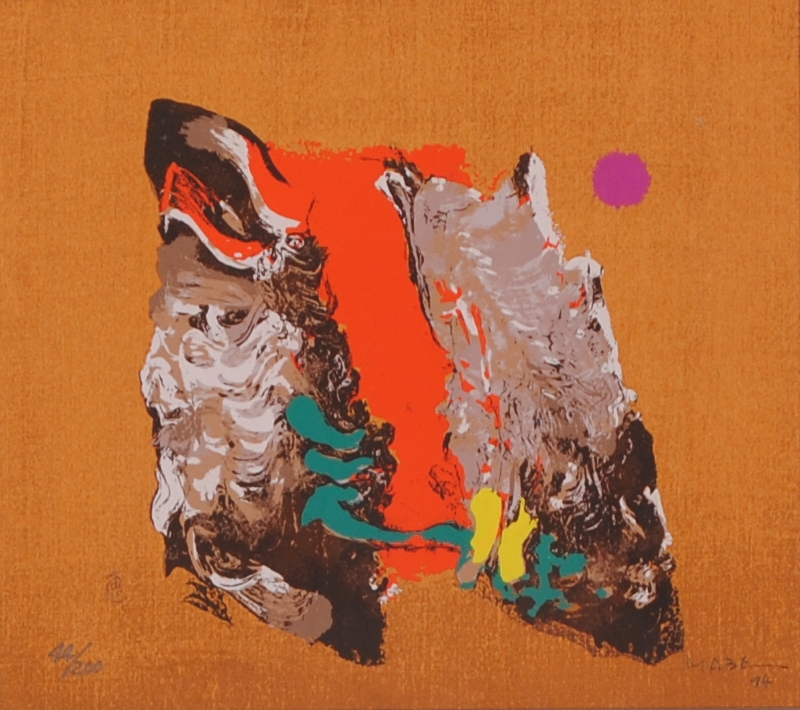 抽象画の絵画をシルクスクリーンの版画で制作したマナブ間部の抽象画の