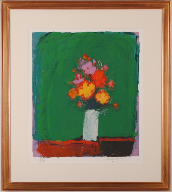 吉岡耕二がリトグラフの版画で制作した花の絵画「緑の背景の花束」を