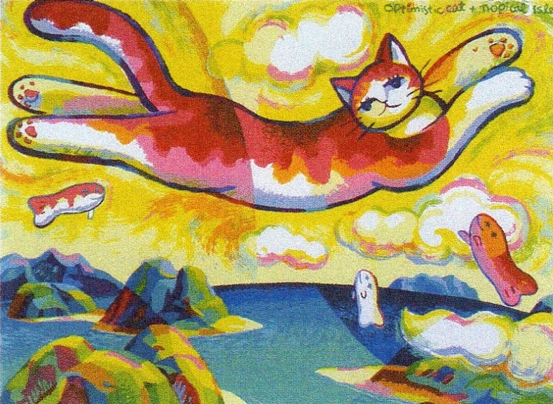 マイケル・ルーのポップアートの猫の絵画「楽天的な猫とトロピカル
