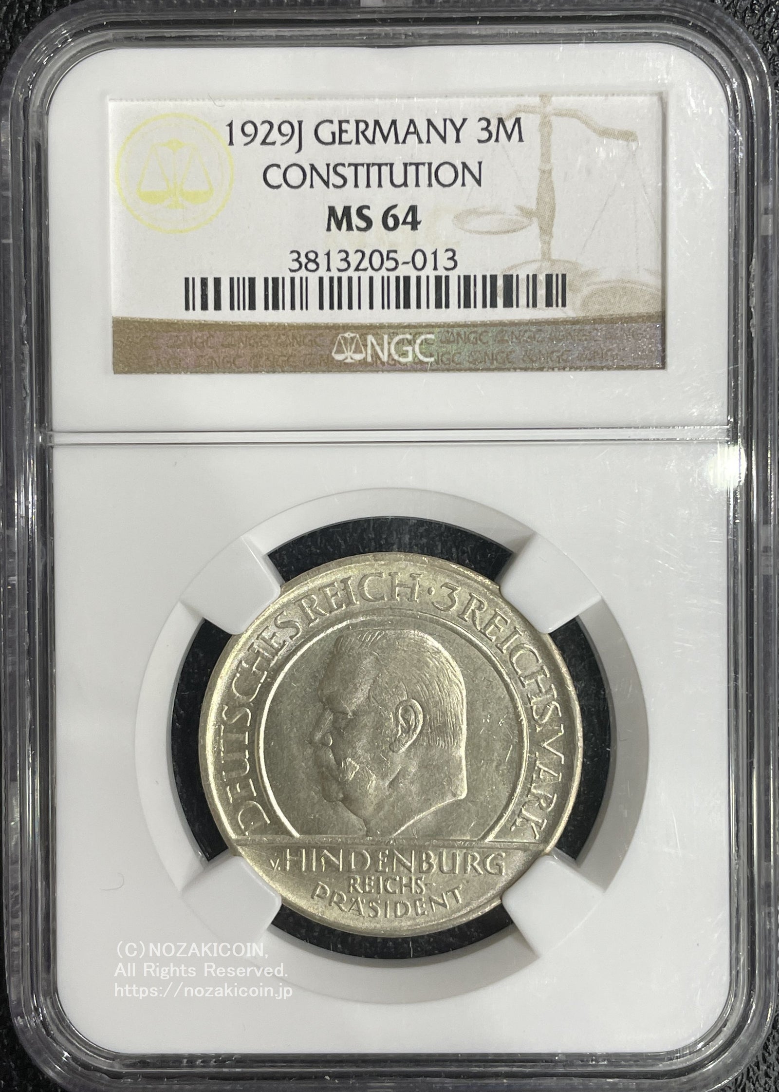 ドイツ ワイマール共和国 3マルク 1929年 憲法制定10周年 NGC MS64