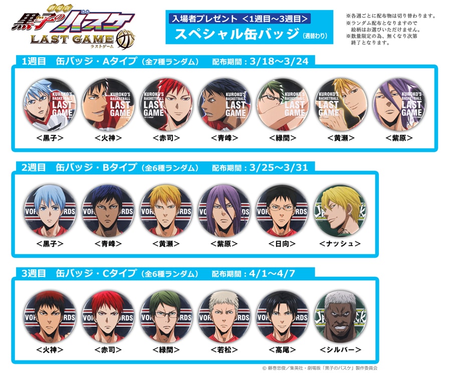 劇場版「黒バス」3週目までの入場者特典は缶バッジ、週替りで配布