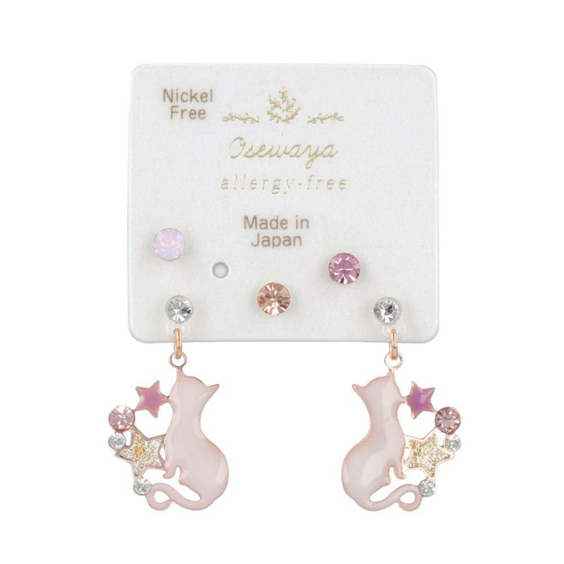 樹脂ピアス ニッケルフリー 猫 星 カラーストーン 5個セット 樹脂