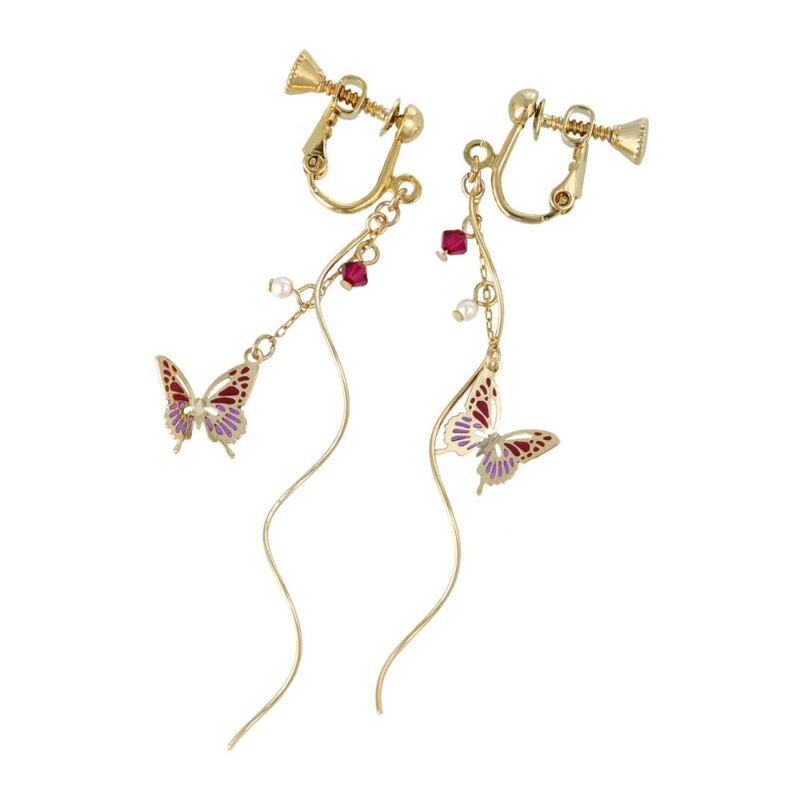 イヤリング ニッケルフリー 蝶 バタフライ パール ストーン ウェーブ