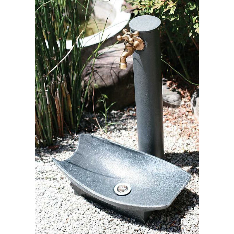 624-932 舟型手水鉢 藍錆 水栓柱パン 水受け 信楽焼 カクダイ（KAKUDAI