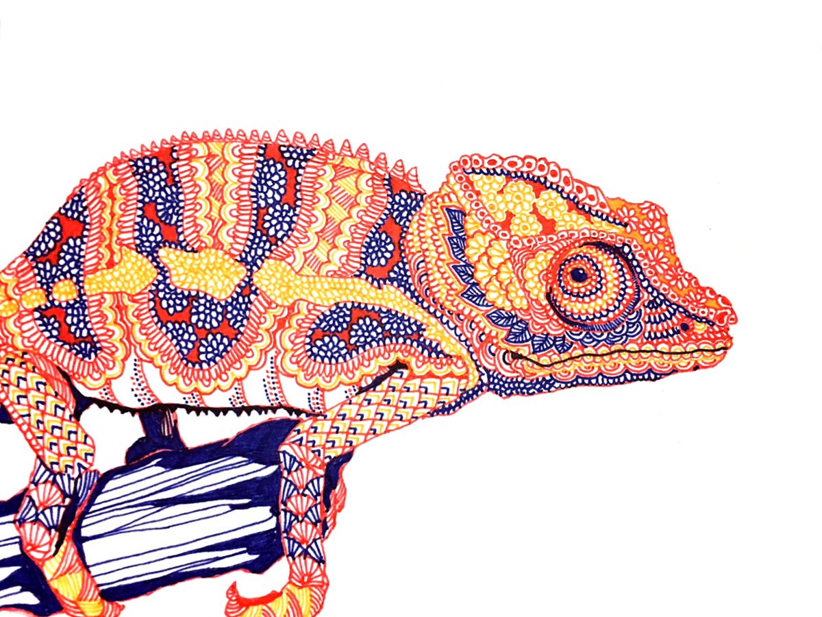 最近はミニ作品として、ハガキサイズでカラフルなカメレオン描き描き