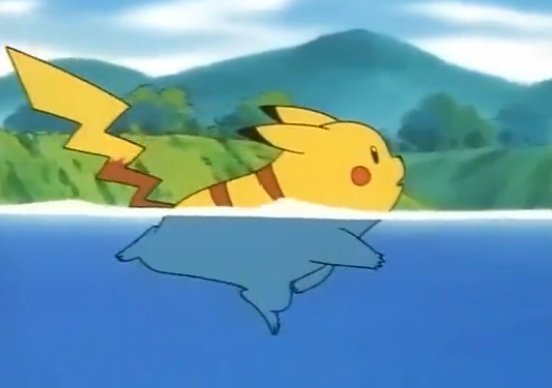 第十二話「ゼニガメぐんだんとうじょう！」より 川を泳ぐピカチュウ