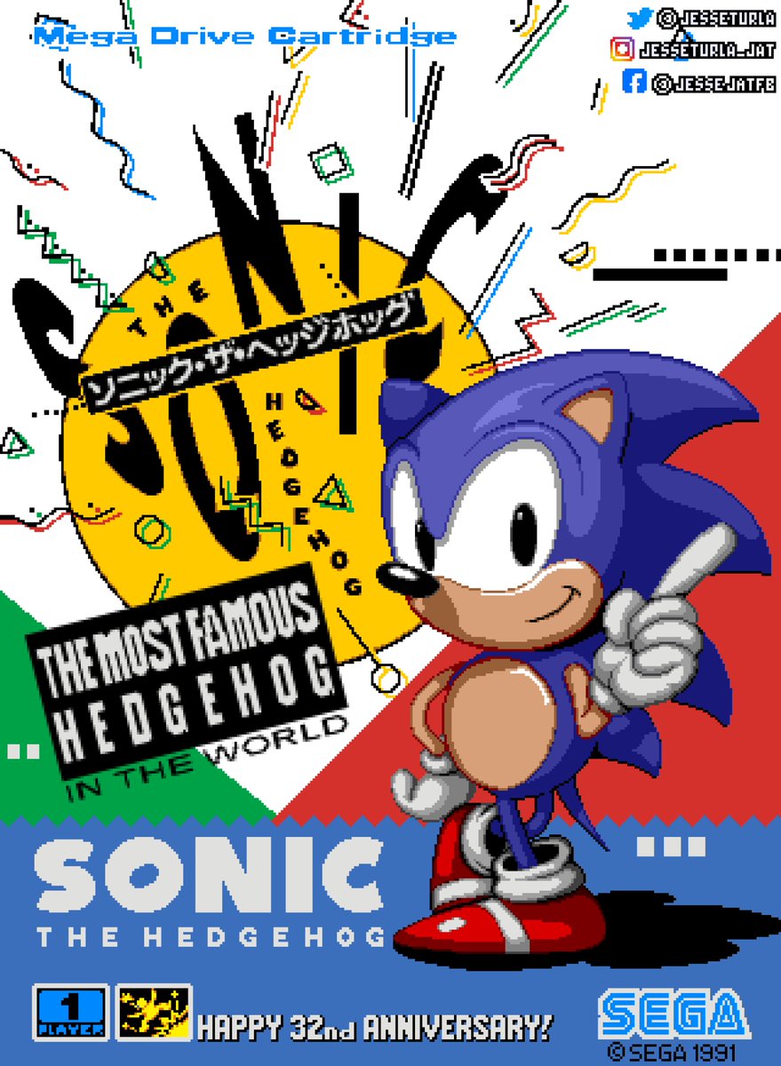 Sonic The Hedgehog 1 Japanese Box Art but in the style of a 16-Bit