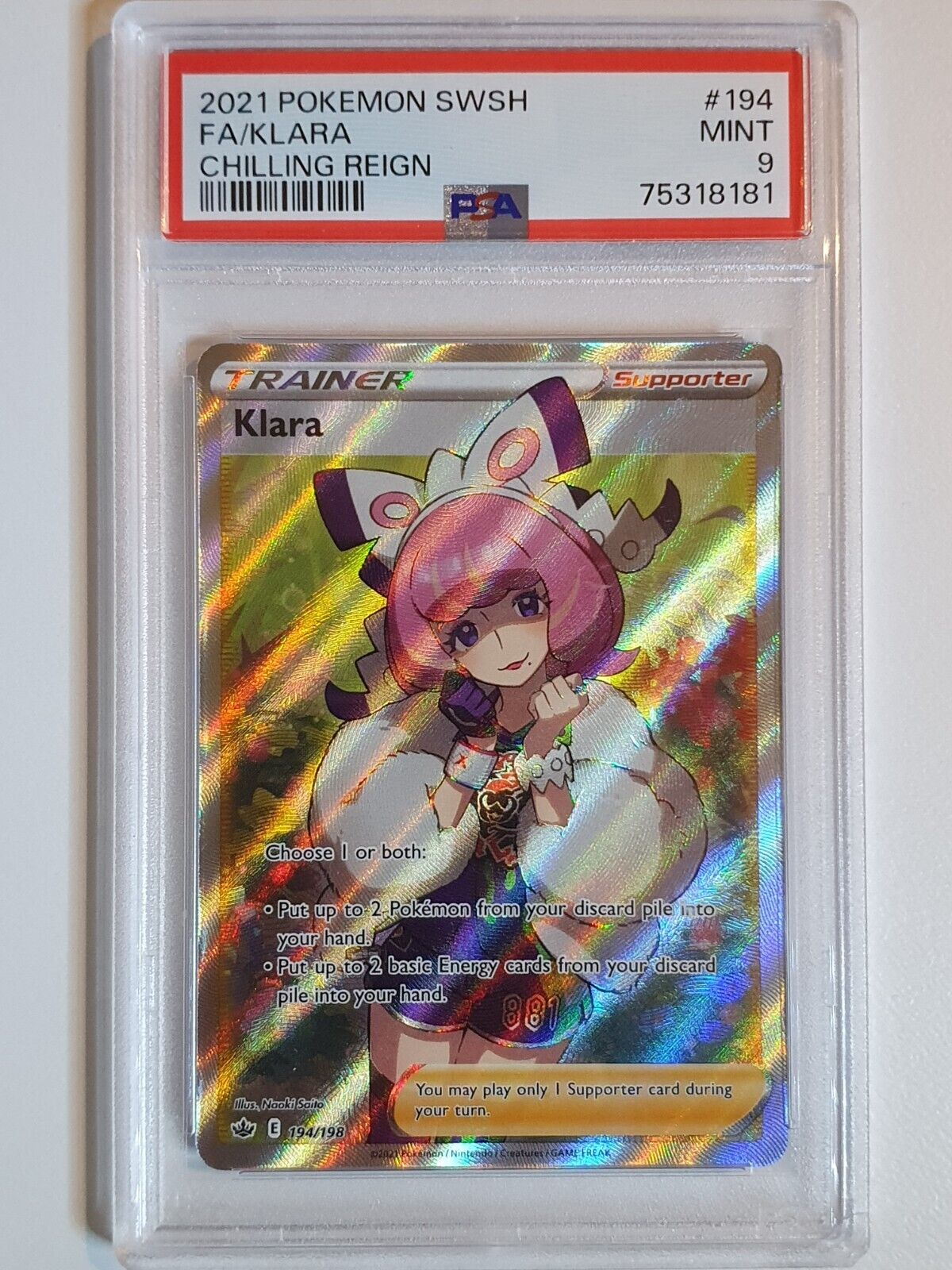 2021 Pokemon Klara 194/198Full Art Chilling Reign - PSA 9