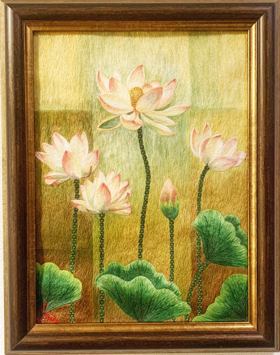 受注生産】ベトナム シルク刺繍絵 Mr. クオック・スー作品 蓮