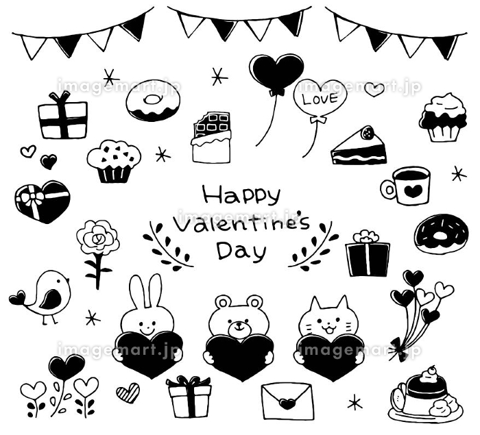 バレンタイン・ハート・スイーツの手描きイラスト素材セット 線画