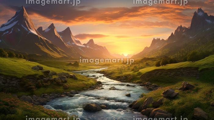 山の麓を流れる川と夕日の荘厳な景色「AI生成画像」のイラスト素材
