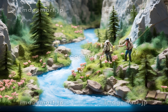 渓流釣り（3D）ジオラマ「AI生成画像」のイラスト素材 [245332684