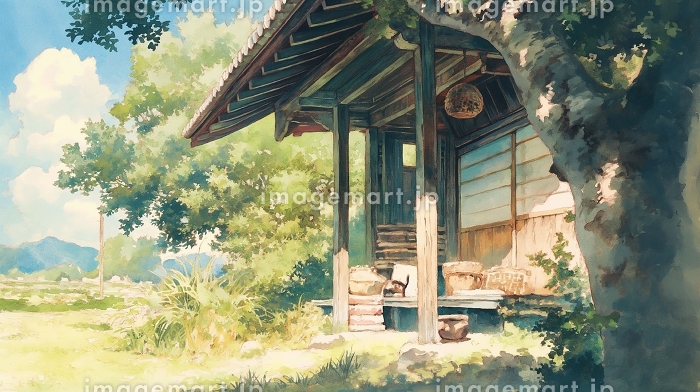 日本の古民家 夏の日差しと緑の庭のパステル水彩画イラスト 田舎の静か