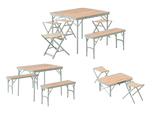 ベンチとスツールをオールインワン収納できるアウトドア用テーブル