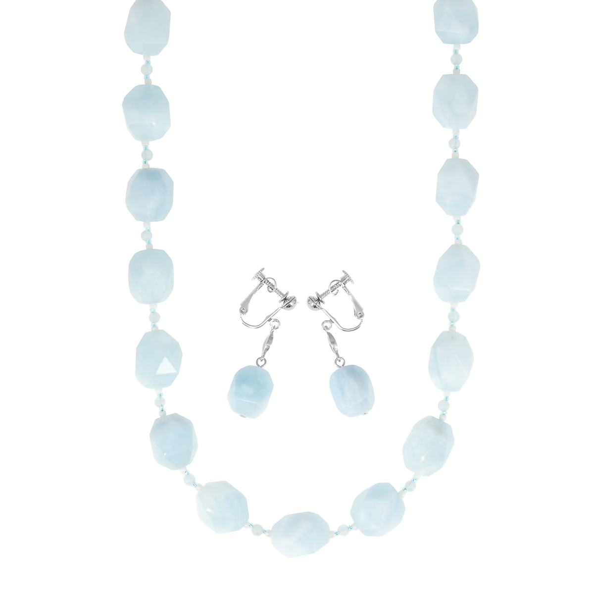 アクアマリンタンブルデザインネックレス&イヤリング/ピアスセット