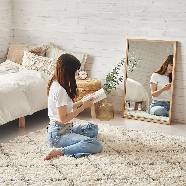 鏡 壁掛けミラー 長方形 オーク材 ナチュラル 約 W 58cm D 3cm H 88cm