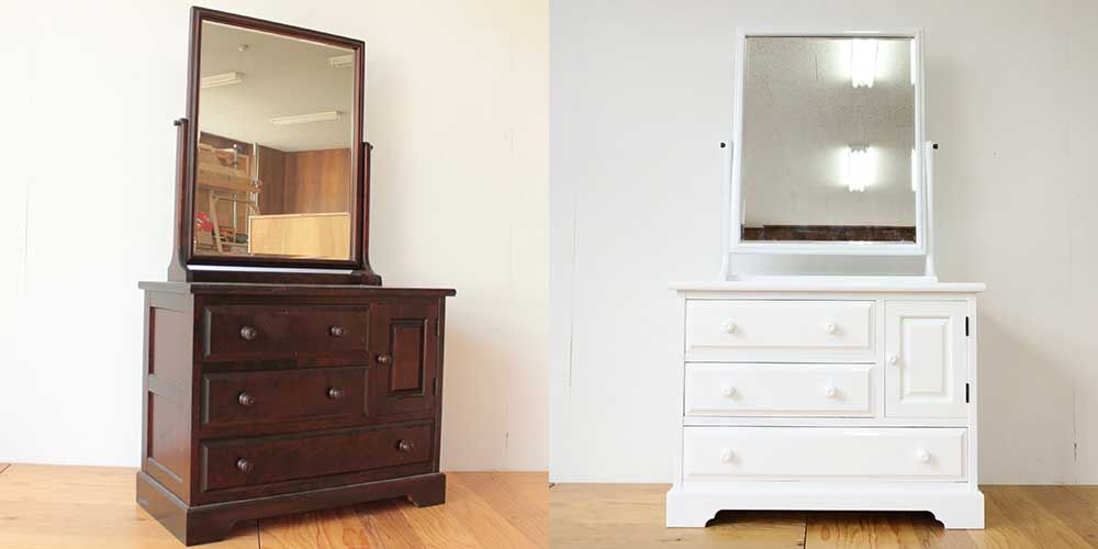 R0369：お嫁入り道具の北民家具の鏡台を形そのまま純白にリメイク