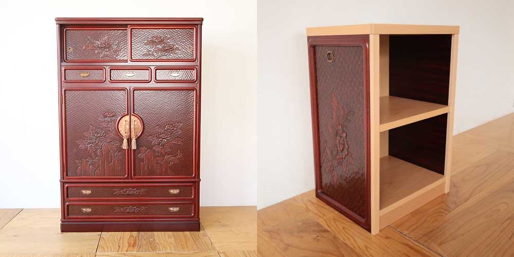 R0675:鎌倉彫の和タンスの引き戸を活かし小さな本棚へとリメイク