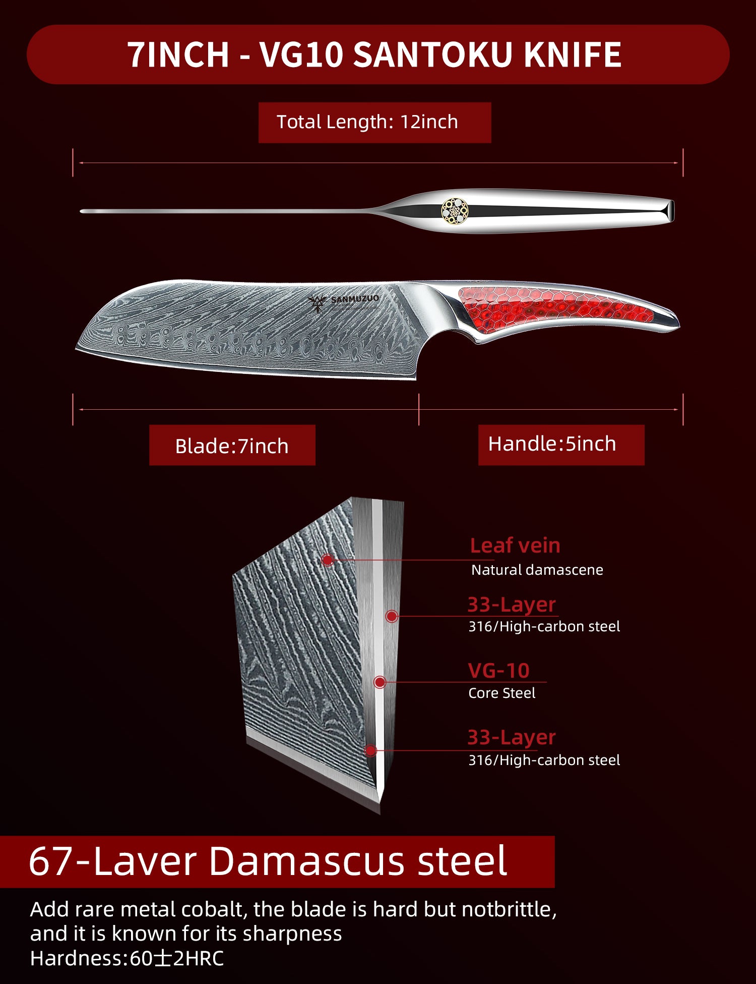 SANMUZUO 7 inch Santoku Knife, Japanese VG-10 Damascus Steel Chef
