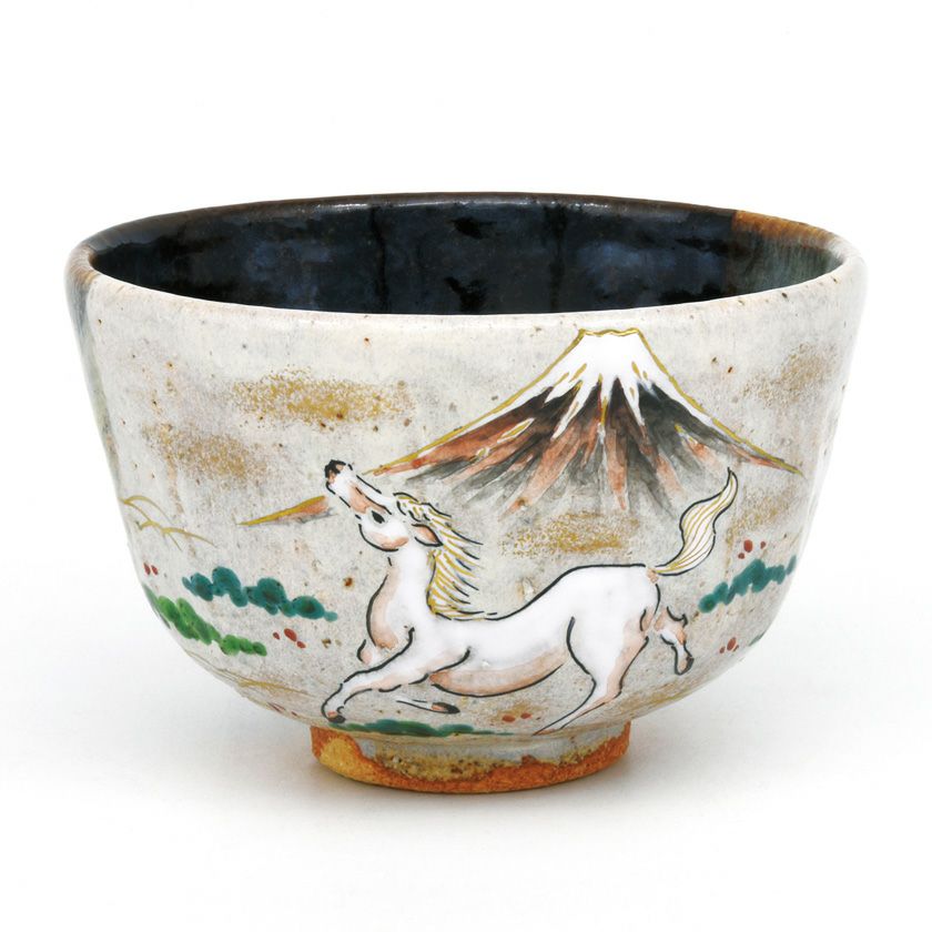 茶道具 抹茶茶碗（まっちゃちゃわん） 茶碗 灰釉掛分 白馬に富士絵